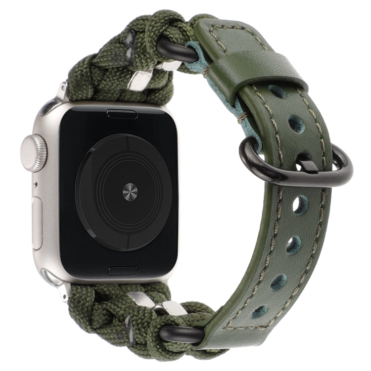 For Apple Watch SE 40mm Paracord Genuine Leather Watch Band(Army Green)