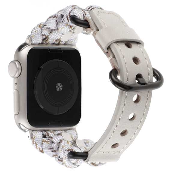 For Apple Watch Series 5 40mm Paracord Genuine Leather Watch Band(White Khaki)
