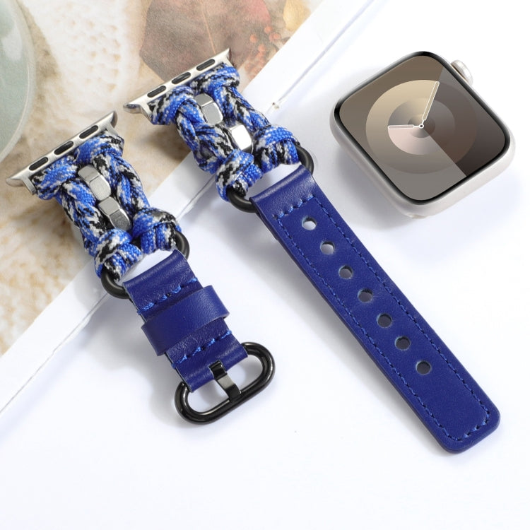 For Apple Watch Series 4 44mm Paracord Genuine Leather Watch Band(Blue Camo)