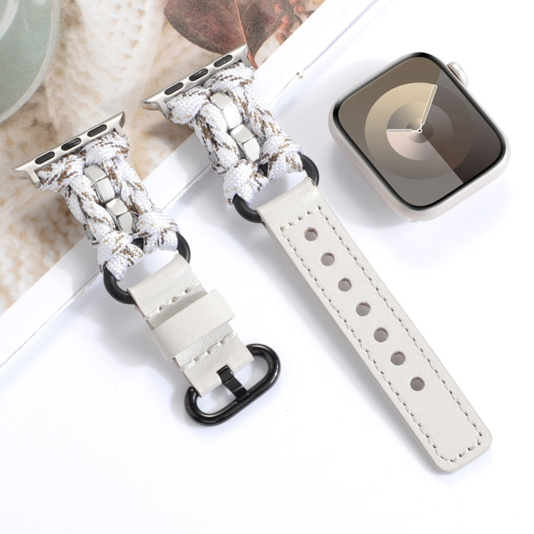 For Apple Watch 42mm Paracord Genuine Leather Watch Band(White Khaki)