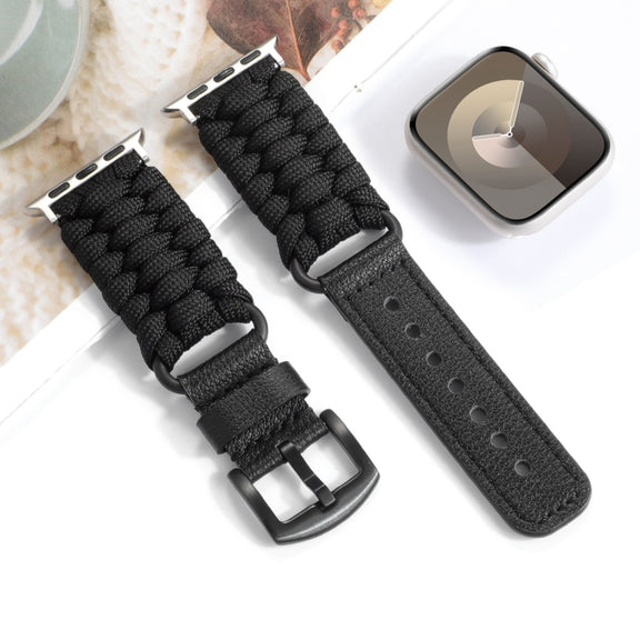 For Apple Watch Series 9 41mm Plain Paracord Genuine Leather Watch Band(Black)