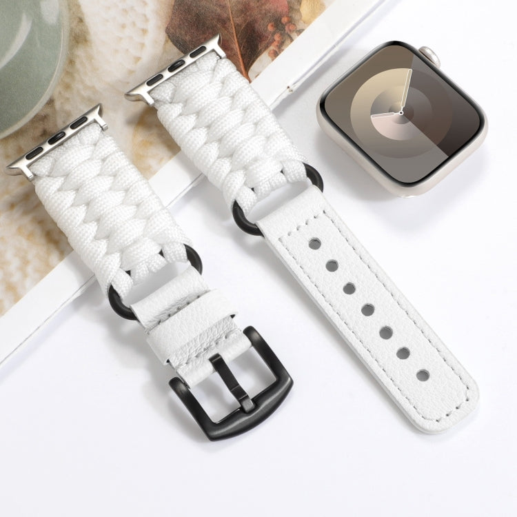 For Apple Watch Series 9 41mm Plain Paracord Genuine Leather Watch Band(White)