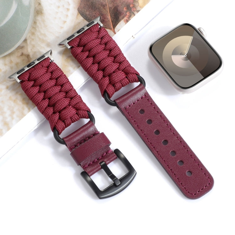 For Apple Watch Series 8 41mm Plain Paracord Genuine Leather Watch Band(Wine Red)