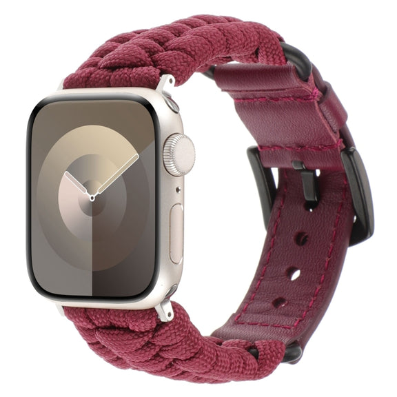 For Apple Watch Series 8 41mm Plain Paracord Genuine Leather Watch Band(Wine Red)