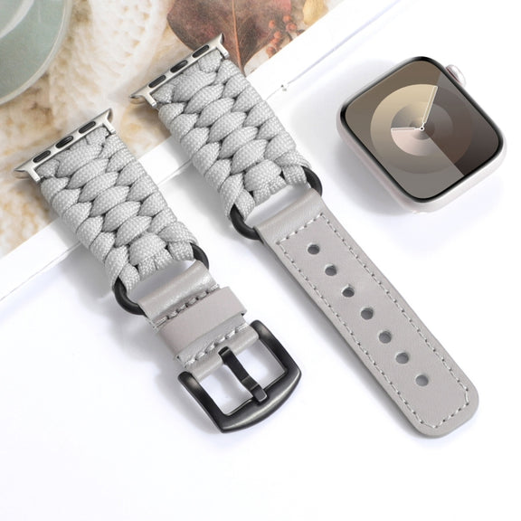 For Apple Watch Series 8 45mm Plain Paracord Genuine Leather Watch Band(Grey)