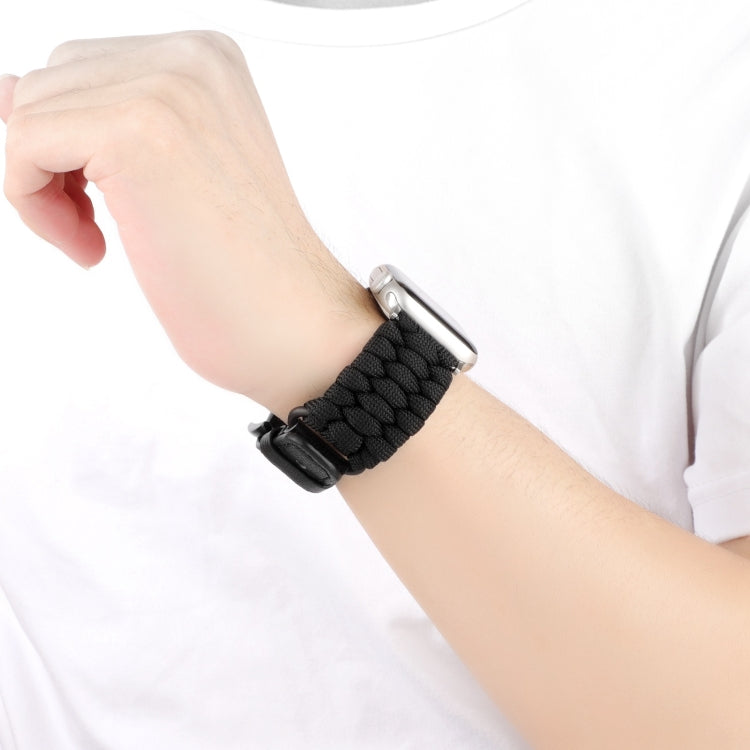 For Apple Watch Series 7 45mm Plain Paracord Genuine Leather Watch Band(Black)