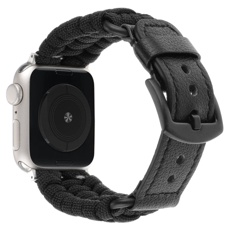 For Apple Watch Series 7 45mm Plain Paracord Genuine Leather Watch Band(Black)
