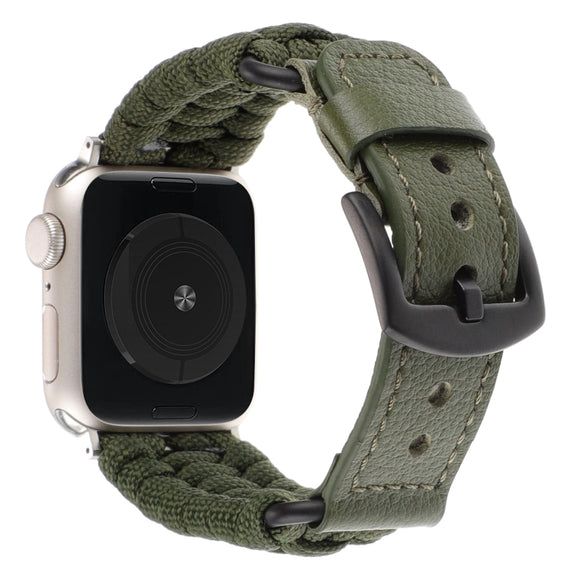 For Apple Watch SE 40mm Plain Paracord Genuine Leather Watch Band(Army Green)