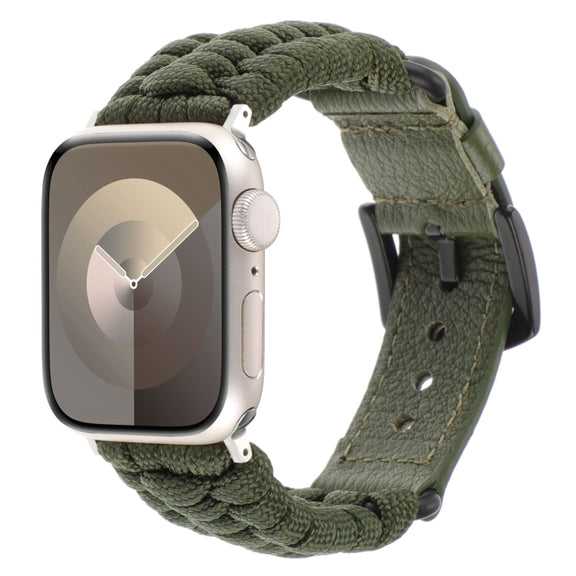 For Apple Watch SE 40mm Plain Paracord Genuine Leather Watch Band(Army Green)