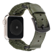 For Apple Watch SE 44mm Plain Paracord Genuine Leather Watch Band(Army Green)