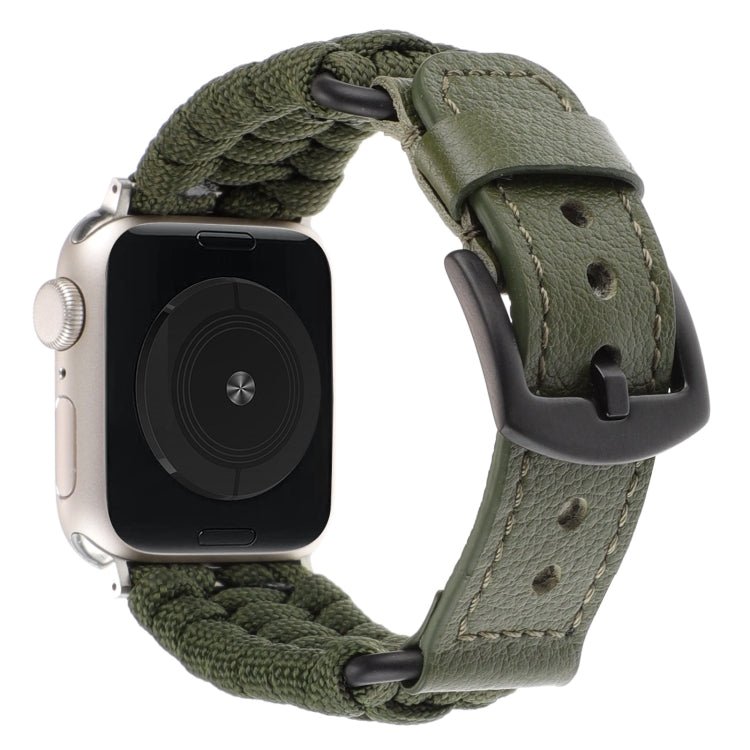 For Apple Watch SE 44mm Plain Paracord Genuine Leather Watch Band(Army Green)