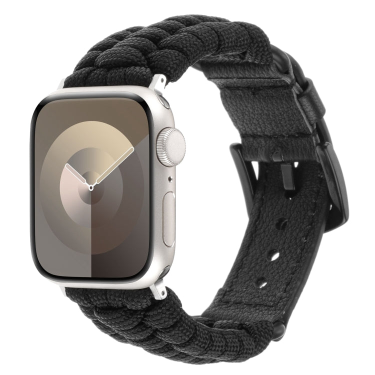 For Apple Watch Series 3 38mm Plain Paracord Genuine Leather Watch Band(Black)