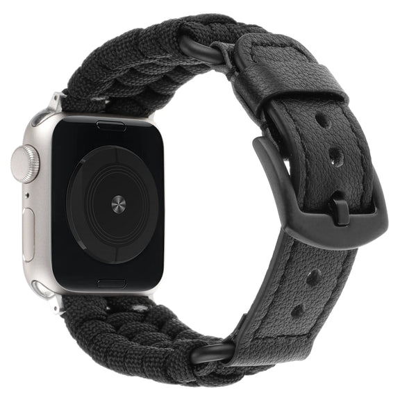 For Apple Watch Series 3 38mm Plain Paracord Genuine Leather Watch Band(Black)