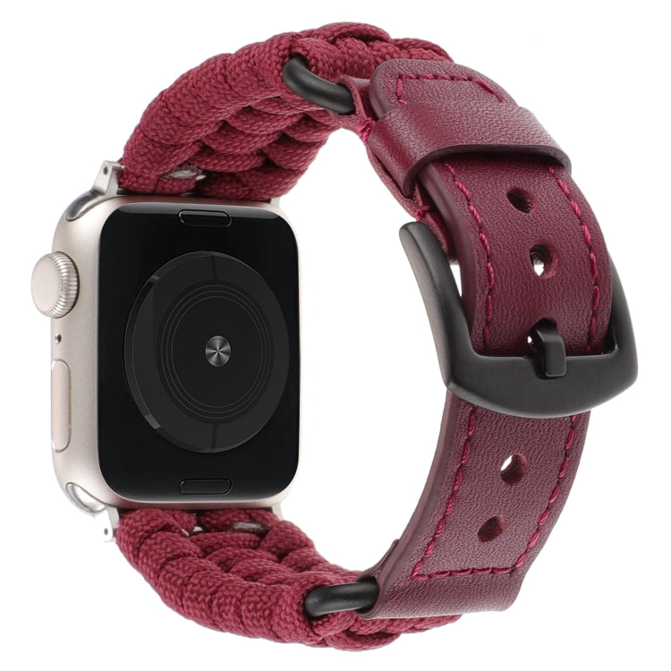 For Apple Watch 42mm Plain Paracord Genuine Leather Watch Band(Wine Red)