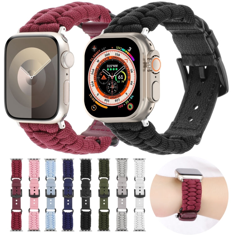 For Apple Watch 42mm Plain Paracord Genuine Leather Watch Band(Wine Red)