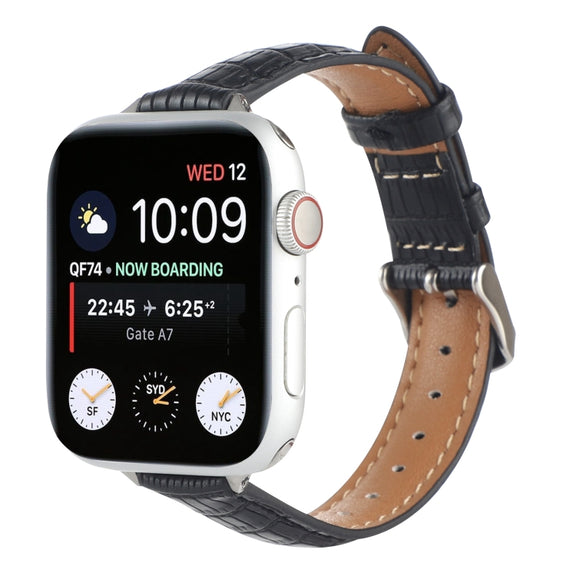 For Apple Watch SE 40mm Slim Crocodile Leather Watch Band(Black)