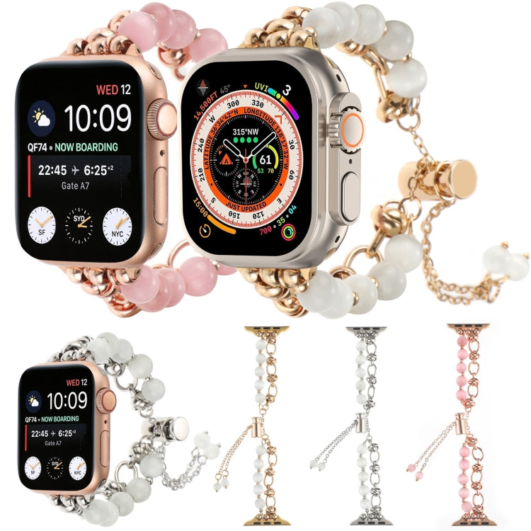 For Apple Watch Ultra 49mm Pearl Chain Metal Bracelet Watch Band(White Silver)