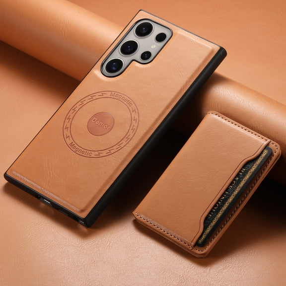For Samsung Galaxy S23 Ultra 5G Denior Cowhide Texture Leather MagSafe Detachable Wallet Phone Case(Khaki)