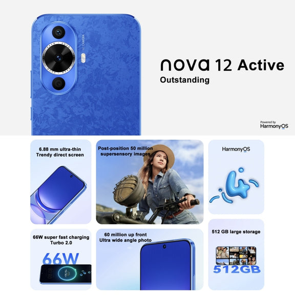 Huawei nova 12 Active, 8GB+256GB, Screen Fingerprint Identification, 6.7 inch HarmonyOS 4.0 Qualcomm Snapdragon 778G 4G Octa Core, Network: 4G, NFC, OTG, Not Support Google Play(White)