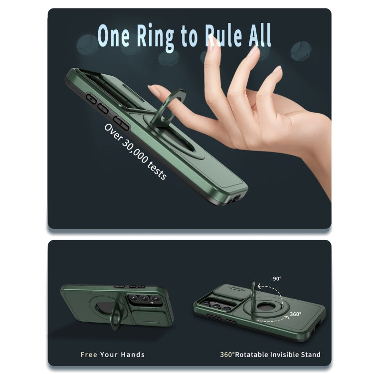 For Samsung Galaxy S23 5G Camshield MagSafe Ring Holder Armor Phone Case(Deep Green)