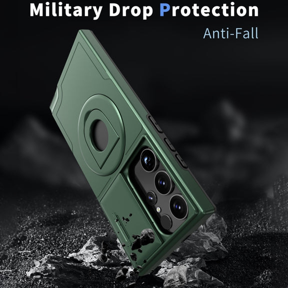 For Samsung Galaxy S22 Ultra 5G Camshield MagSafe Ring Holder Armor Phone Case(Deep Green)