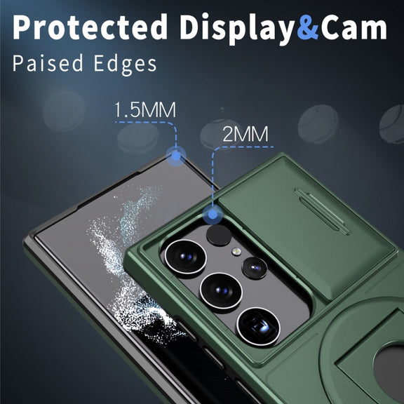 For Samsung Galaxy S22 Ultra 5G Camshield MagSafe Ring Holder Armor Phone Case(Deep Green)