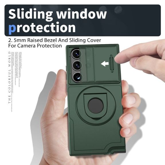 For Samsung Galaxy S22 Ultra 5G Camshield MagSafe Ring Holder Armor Phone Case(Deep Green)