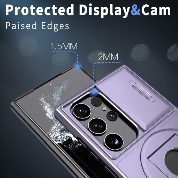 For Samsung Galaxy S22 Ultra 5G Camshield MagSafe Ring Holder Armor Phone Case(Puple)