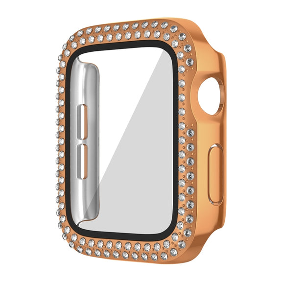 For Apple Watch Series 9 / 8 / 7 41mm Plating Dual-Row Diamond PC Watch Case with Film(Rose Gold)
