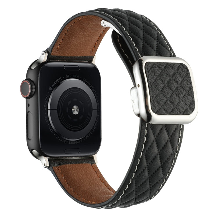 For Apple Watch 38mm Rhombus Pattern Magnetic Square Buckle Leather Watch Band(Black)