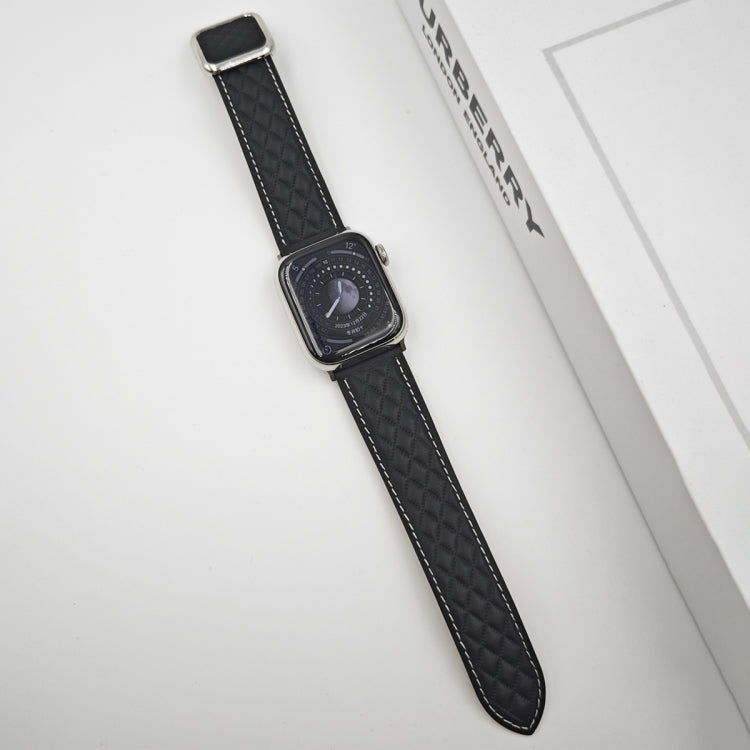For Apple Watch 38mm Rhombus Pattern Magnetic Square Buckle Leather Watch Band(Black)