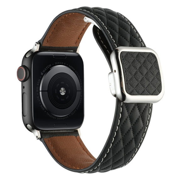 For Apple Watch 38mm Rhombus Pattern Magnetic Square Buckle Leather Watch Band(Black)