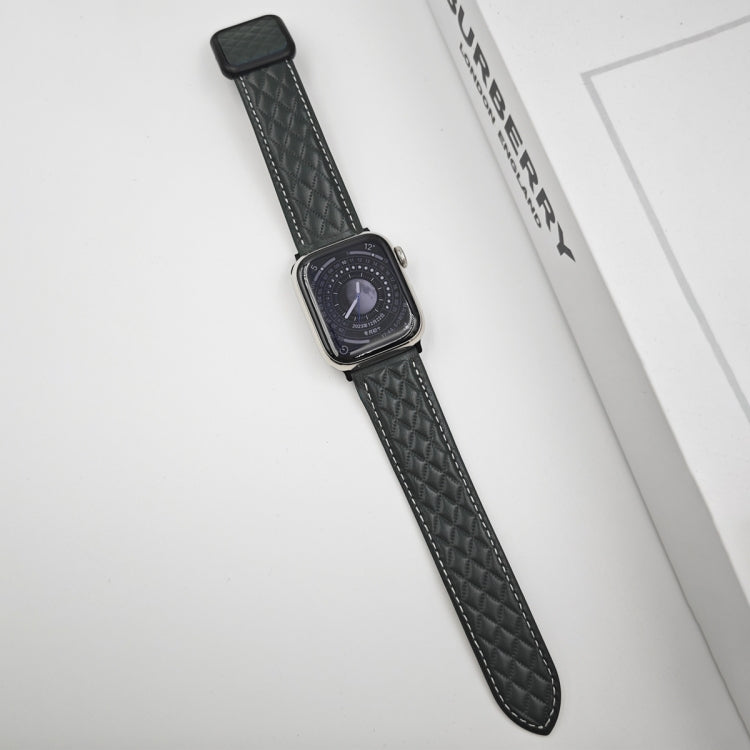 For Apple Watch 38mm Rhombus Pattern Magnetic Square Buckle Leather Watch Band(Dark Green)