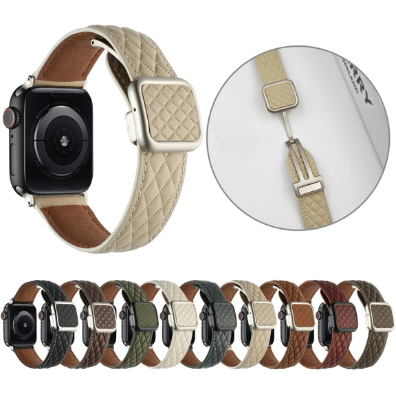 For Apple Watch Ultra 2 49mm Rhombus Pattern Magnetic Square Buckle Leather Watch Band(Red)