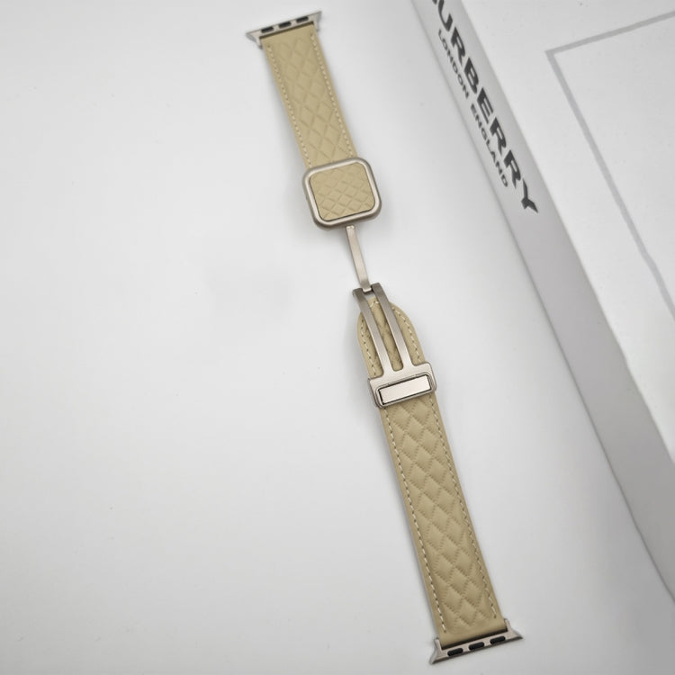 For Apple Watch 38mm Rhombus Pattern Magnetic Square Buckle Leather Watch Band(Dark Green)