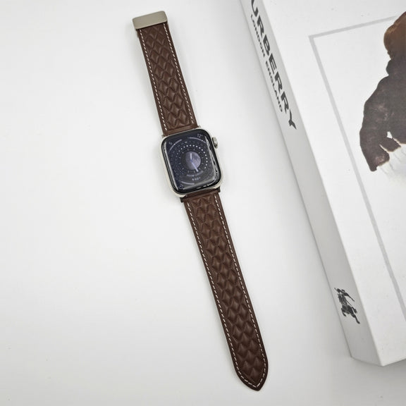 For Apple Watch Series 9 45mm Rhombus Pattern Magnetic Folding Buckle Leather Watch Band(Dark Coffee)