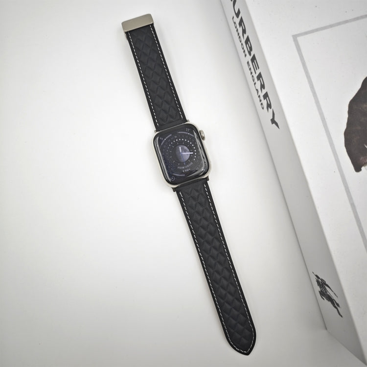 For Apple Watch SE 44mm Rhombus Pattern Magnetic Folding Buckle Leather Watch Band(Black)