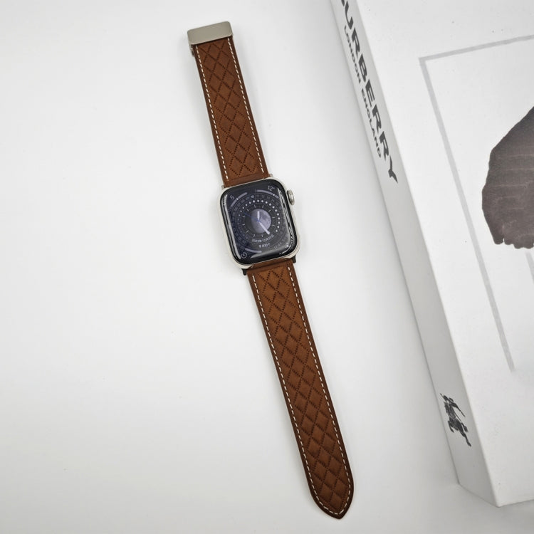For Apple Watch 38mm Rhombus Pattern Magnetic Folding Buckle Leather Watch Band(Dark Brown)