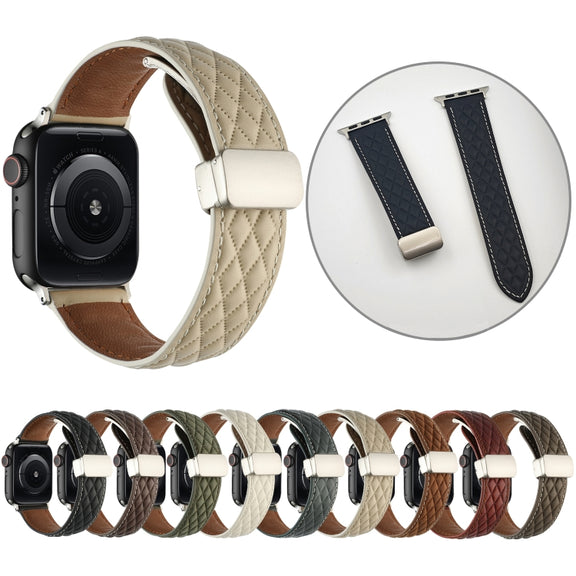 For Apple Watch Series 9 45mm Rhombus Pattern Magnetic Folding Buckle Leather Watch Band(Red)