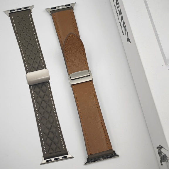 For Apple Watch Series 5 40mm Rhombus Pattern Magnetic Folding Buckle Leather Watch Band(Dark Brown)