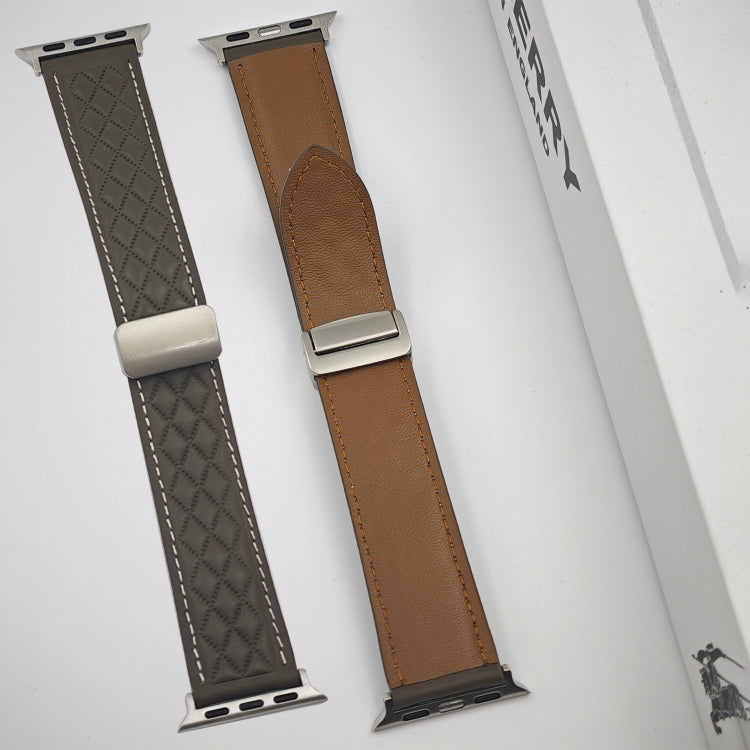 For Apple Watch Series 3 38mm Rhombus Pattern Magnetic Folding Buckle Leather Watch Band(Dark Brown)