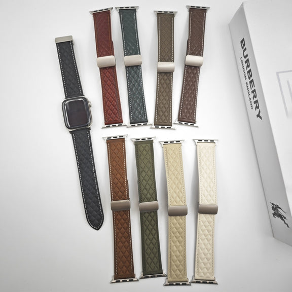 For Apple Watch 42mm Rhombus Pattern Magnetic Folding Buckle Leather Watch Band(Dark Green)