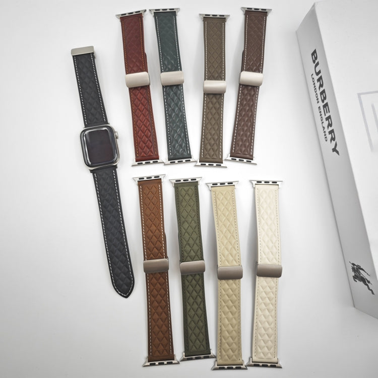 For Apple Watch Series 3 42mm Rhombus Pattern Magnetic Folding Buckle Leather Watch Band(Red)