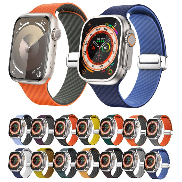 For Apple Watch Series 5 44mm Carbon Fiber Magnetic Silver Buckle Watch Band(Light Blue Black)