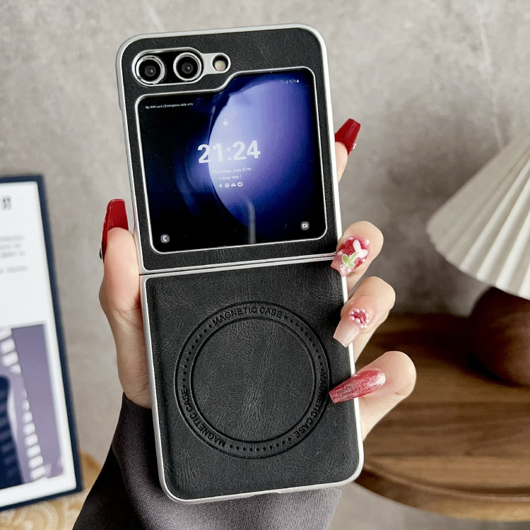 For Samsung Galaxy Z Flip5 Skin Feel Leather Texture MagSafe Pearlescent Paint Shockproof Phone Case(Black)