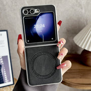 For Samsung Galaxy Z Flip5 Skin Feel Leather Texture MagSafe Pearlescent Paint Shockproof Phone Case(Black)