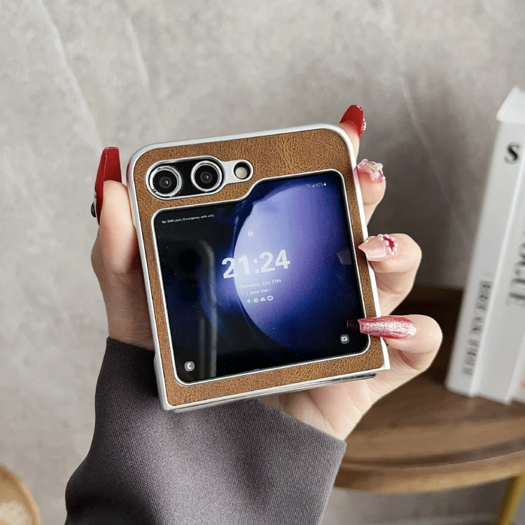 For Samsung Galaxy Z Flip5 Skin Feel Leather Texture MagSafe Pearlescent Paint Shockproof Phone Case(Brown)