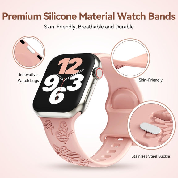 For Apple Watch Series 9 45mm Butterfly Flower Embossed Silicone Watch Band(Retro Rose)