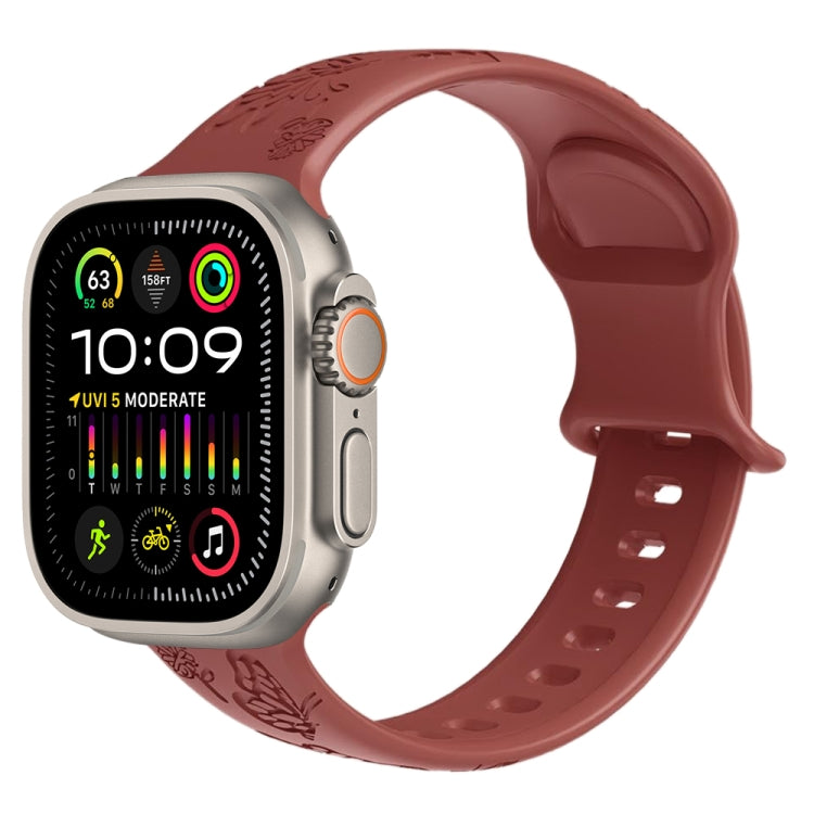 For Apple Watch Ultra 49mm Butterfly Flower Embossed Silicone Watch Band(Brick Red)