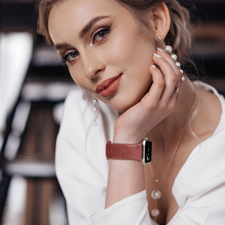 For Apple Watch 42mm Butterfly Flower Embossed Silicone Watch Band(Brick Red)